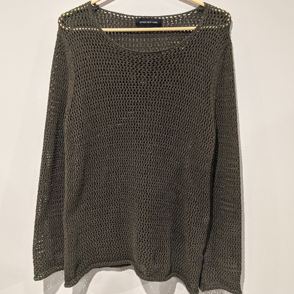 Jones New York NY Olive fishnet sweater